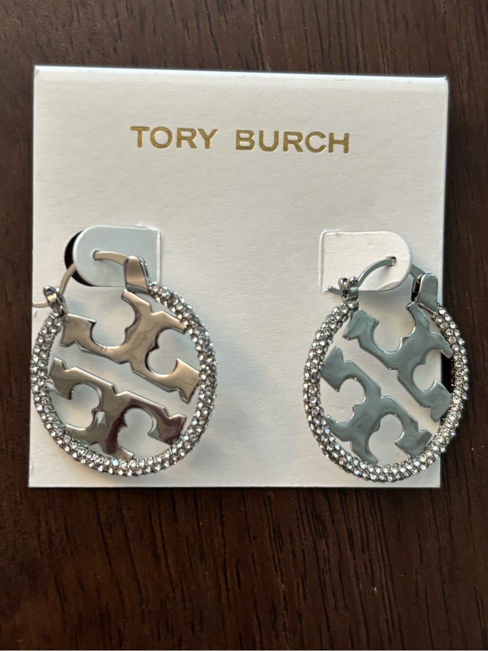 Brand new Tory Burch Silver Logo Hoop Earrings with Crystal Border